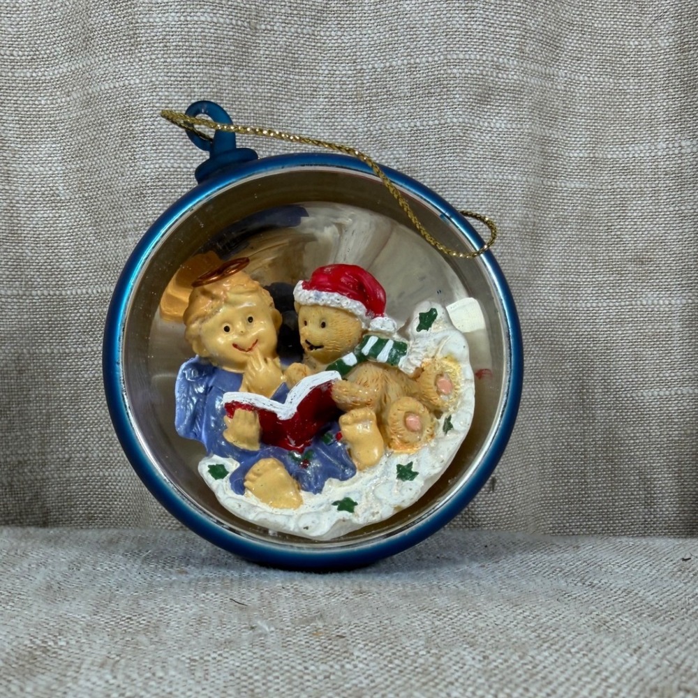 Vintage Blue Diorama Angel Teddy Bear Reading Christmas Ball Ornament